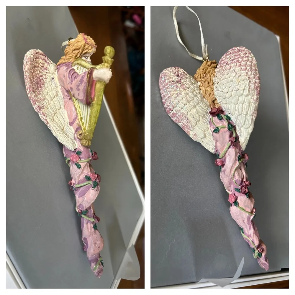 Vintage Victorian Angel w Harp Christmas Ornament.